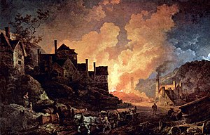 Education. coalbrookdale-by-night. painting. Symbol of excesses of English Combustion Revolution
