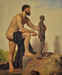 A multitude of religions and mythologies speak of how our human form arose from clay.
"Prometheus Creating Man in Clay" by Constantin Hansen