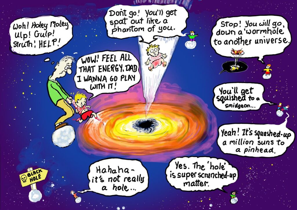 Cartoon expresses our ambivalent attitude to energy and unhelpful language of physics.A father restrains his son who is excited to leap into a “Black Hole” to experience "energy."
Other children on nearby asteroids call out, warning of the risks of venturing near such concentrated matter, which is the antithesis of a hole in the universe.