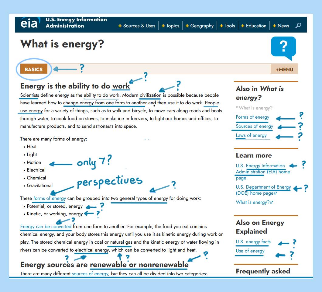Screenshot (October 24) of the US Energy Information Administration’s website page explaining energy.
Unsustainable words and phrases are marked by arrows and question marks. A question mark indicates a word lacks transcendent power and/or is nonsensical in terms of the Conservation of Energy Principle.