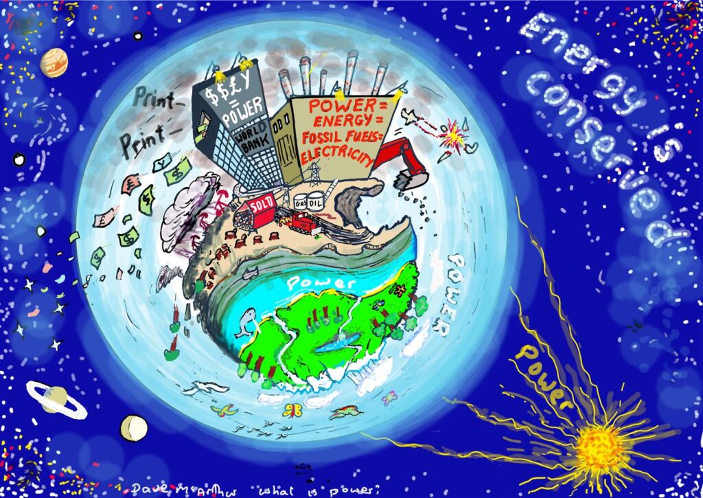 Cartoon illustrates how flawed notions of power cause societies to destroy the planet's ability to support them.