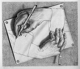 Drawing Hands by M. C. Escher, 1948, Lithograph. illustrating how the act of drawing a picture of something is a wonderful experiential lesson in transcending paradox